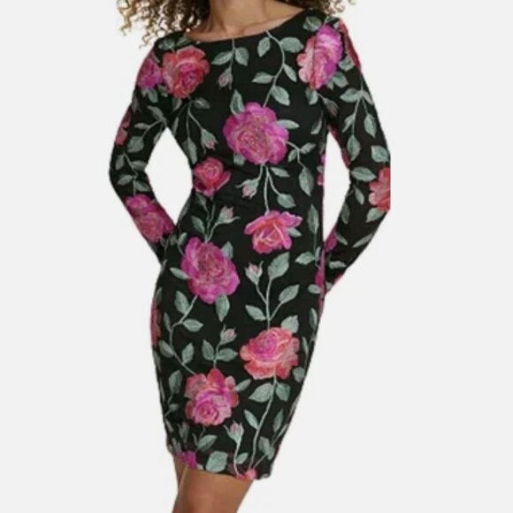 Siena Women's Floral Embroidered Mesh Black and Pink Bodycon Dress Size 16 - Picture 2 of 7